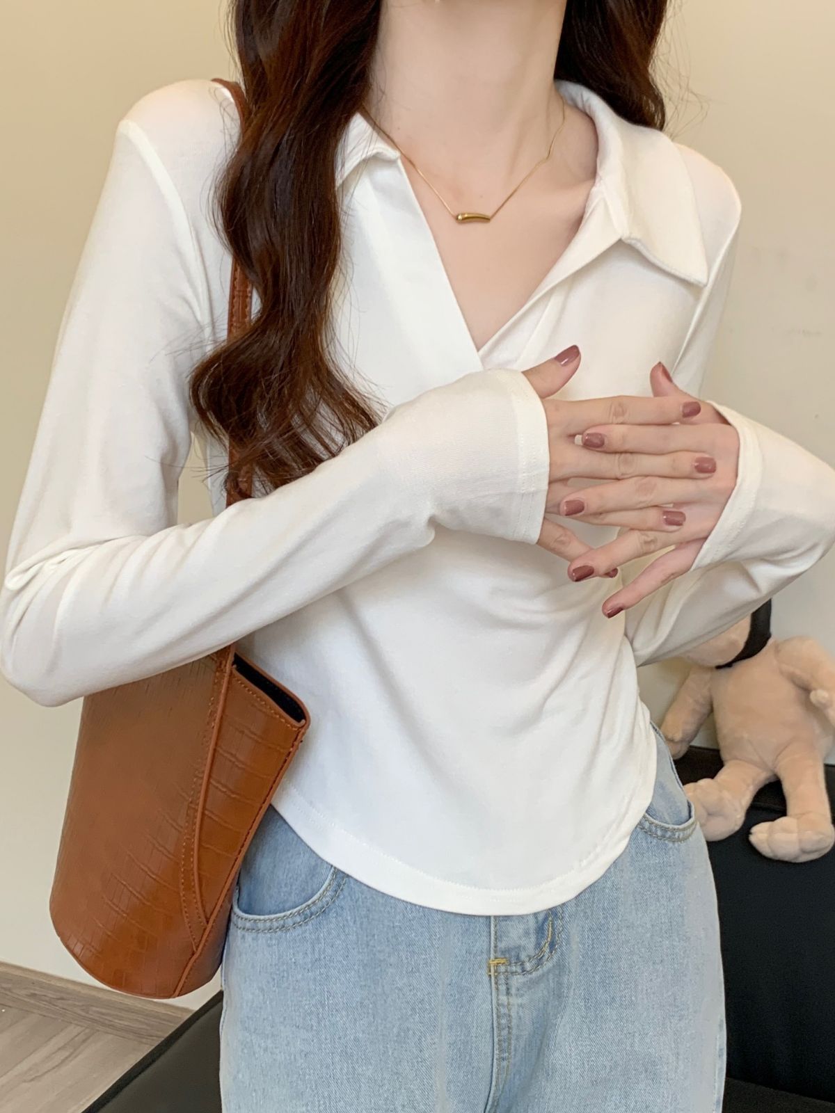 Autumn New Polo Collar Shoulder Ice Silk T-shirt Slim-fit Slimming Long-sleeved Women's Base Shirt Arc Irregular Top