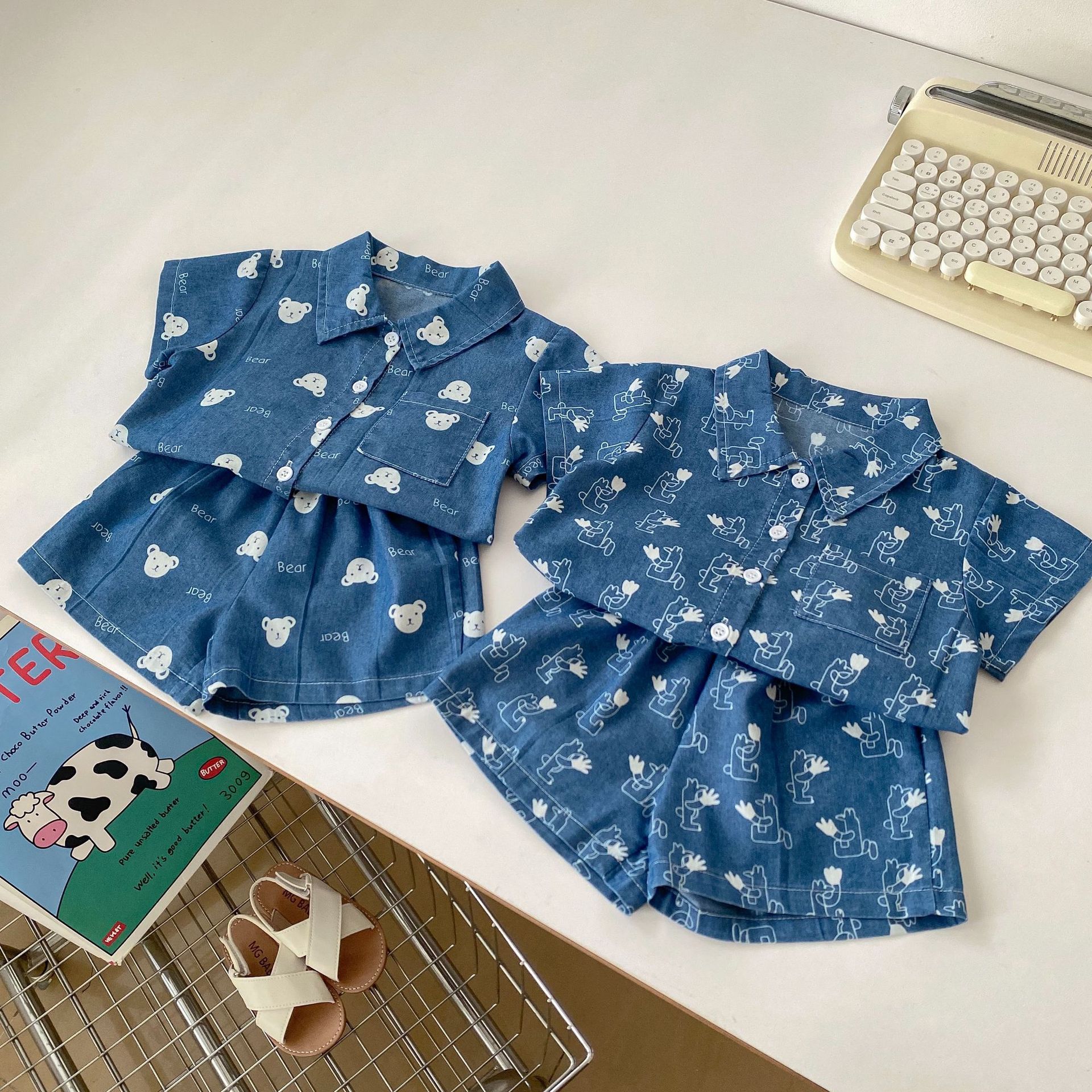 2025 Summer Boys Denim Suit Cute Cartoon Lapel Short Sleeve Shirt Shorts Children's Clothes Two-Piece Set