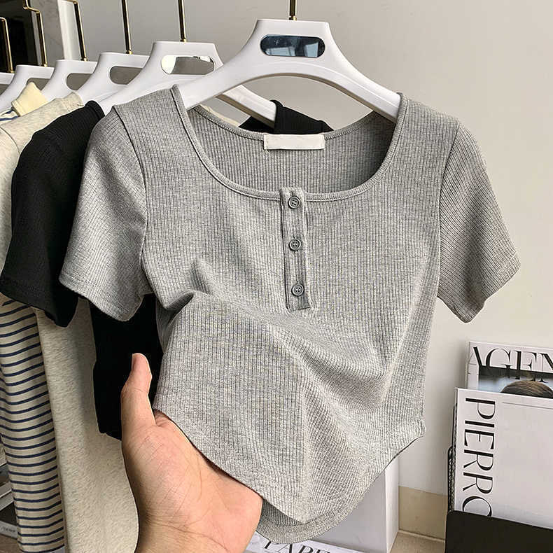 Pit Striped T-shirt Women's Short Short-sleeved 2024 Summer New Elegant U-collar Square Collar Design Niche Fashionable Top