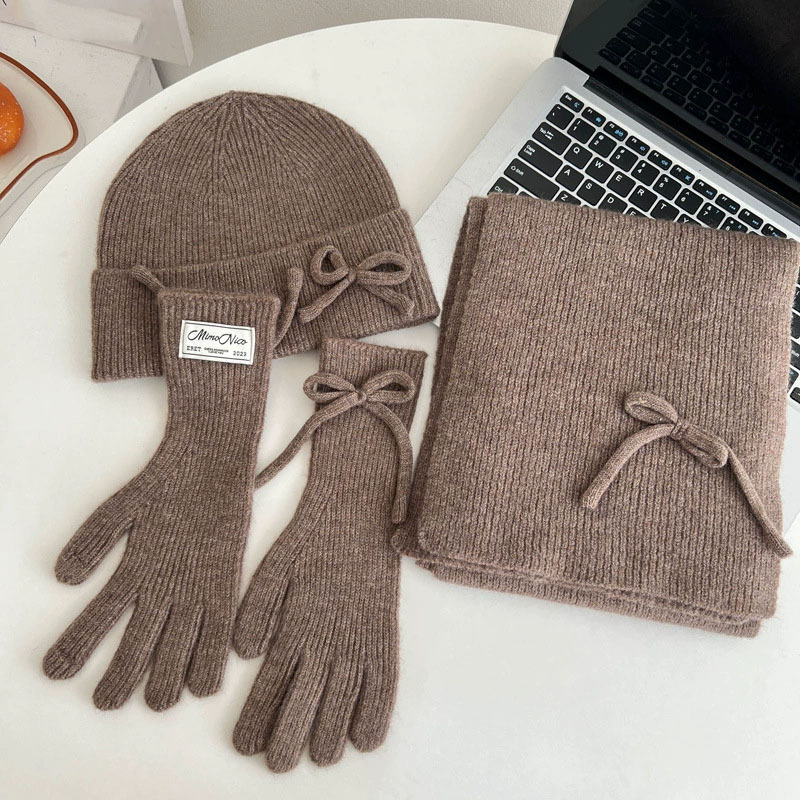 Picture of 25 Years New Korean Woolen Hat Pure Color Scarf Gloves Hat Winter Warm and Cold-Proof Knitted Three-Piece Suit