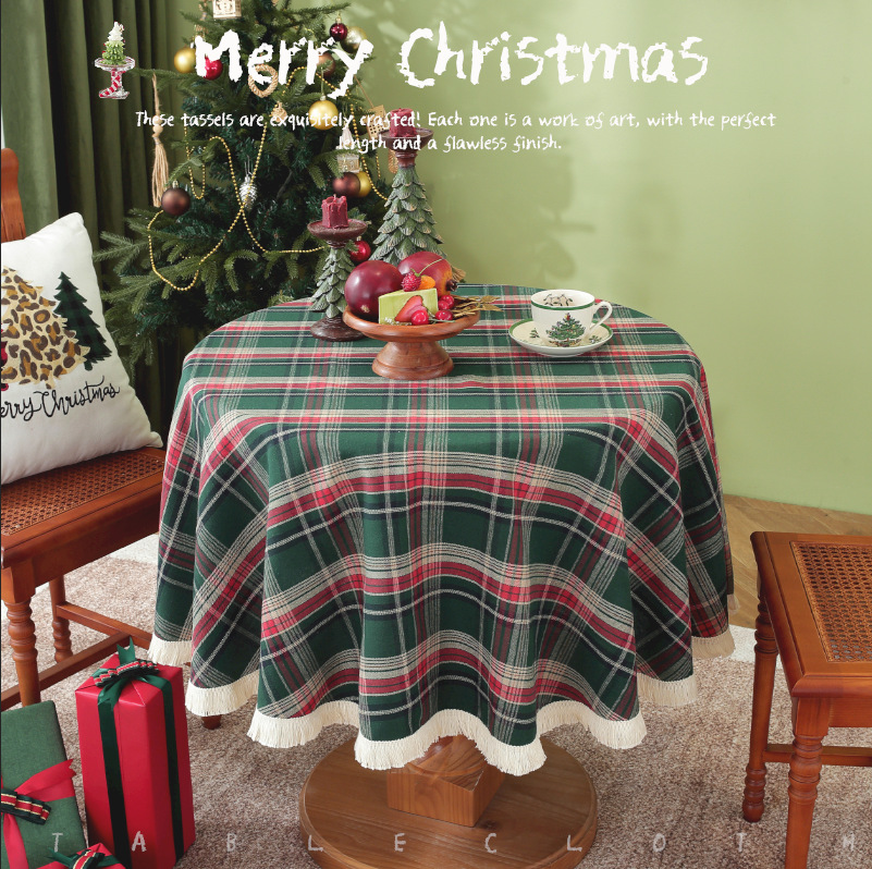 Cross-border Christmas Plaid Round Tassel Tablecloth Classic Red and Green Plaid American Vintage Light Luxury Party Tablecloth Decoration