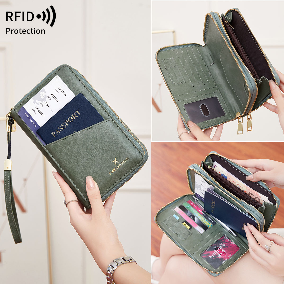Cross-border New RFID Crossbody Passbook Holder Air Ticket Storage Certificate Bag Multi-functional Travel Long Zipper Passbook Bag