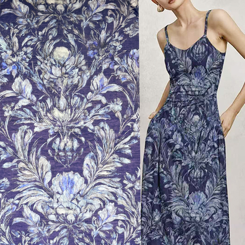New Chinese Style National Style Blue Flower Tencel Brocade Fabric Summer Skirt Han Dynasty Cheongsam Handmade Clothing Designer Fabric