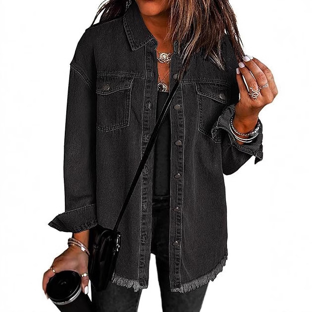 Picture of 2025 European and American Cross-Border Sales Amazon Standing New Raw Edge Denim Casual Loose Jacket Shirt