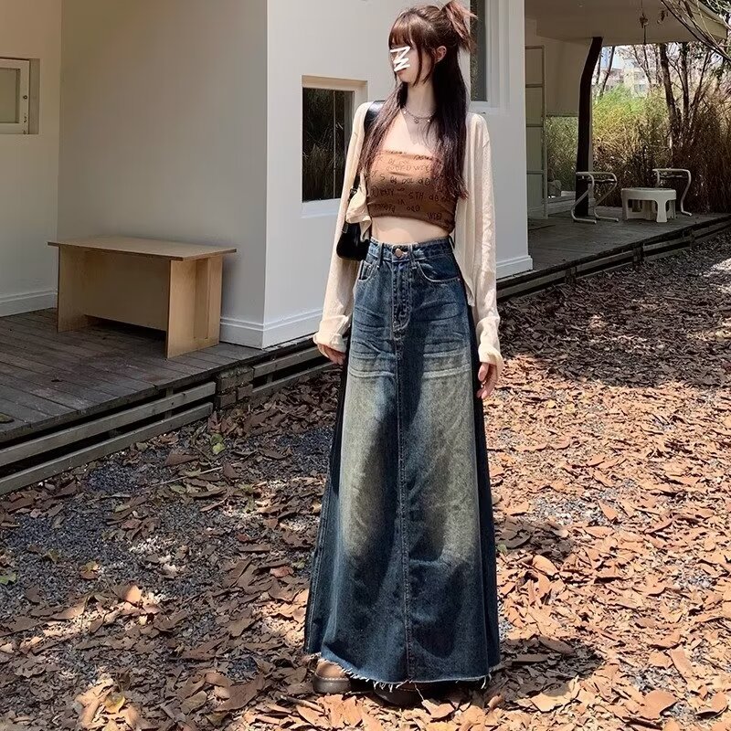 Vintage High Waist Design Sense Denim Skirt Women's 2024 Summer New Niche A- line Hip Fur-edged Long Skirt