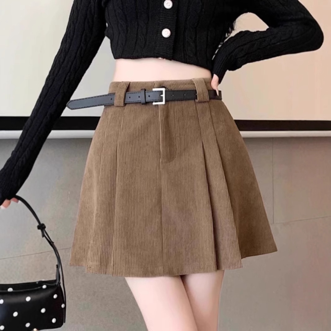 brown Corduroy Skirt Women's Autumn and Winter 2024 New High Waist Slimming A- Shaped Hip Pleated Skirt