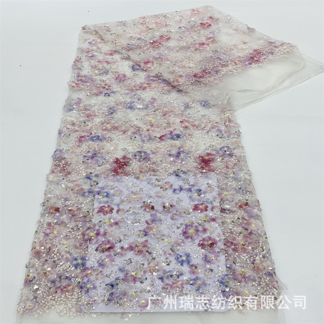 In stock tie-dye printed mesh sequined bead tube embroidered cloth French laser floral cheongsam dress dress fabric