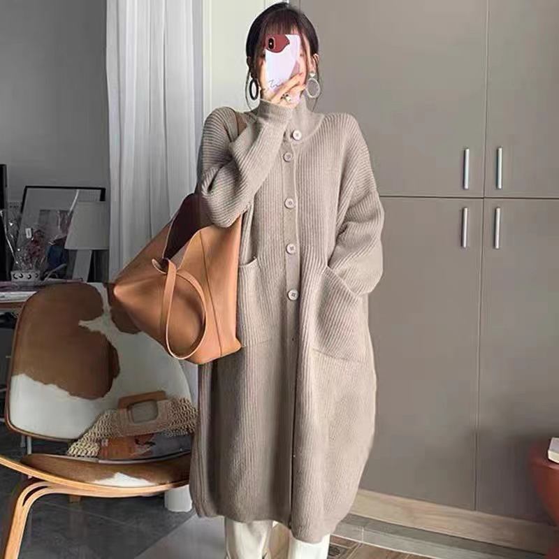Korean style lazy style turtleneck sweater women's single-breasted solid color long sleeve knitted cardigan mid-length coat women's spring and autumn