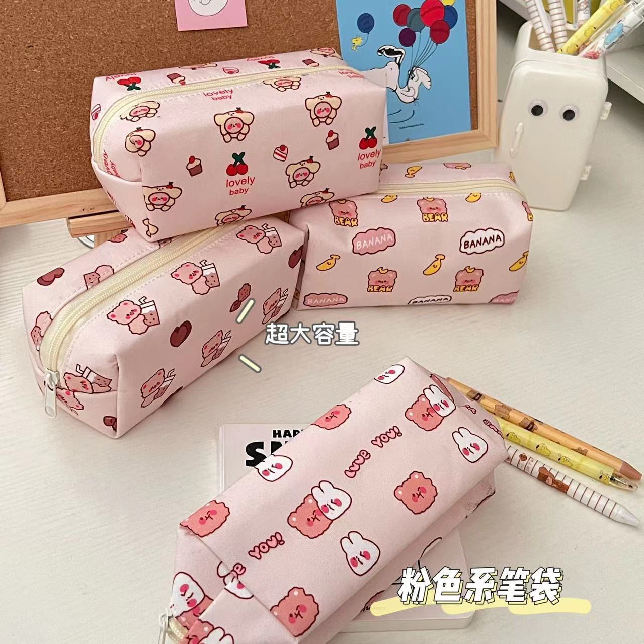 ins Cartoon Bear Canvas Pencil Case Girl's Heart Large Capacity Pencil Case Student Stationery Desktop Finishing Storage Bag