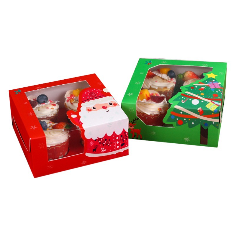 2025 New Christmas Baking Dessert Maffen Cupcake Box Transparent Window Opening 4 Cupcake Packaging Box