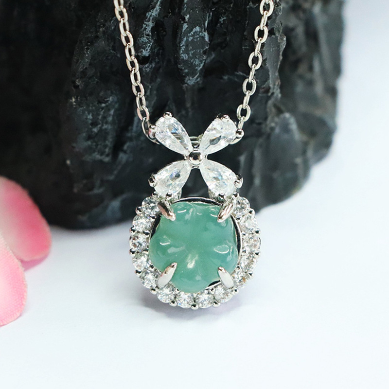 Xinyu Natural A-Grade Jadeite Blue Water Flower Pendant Jade Necklace Live Broadcast Hot Sale Wholesale Fc5050203L