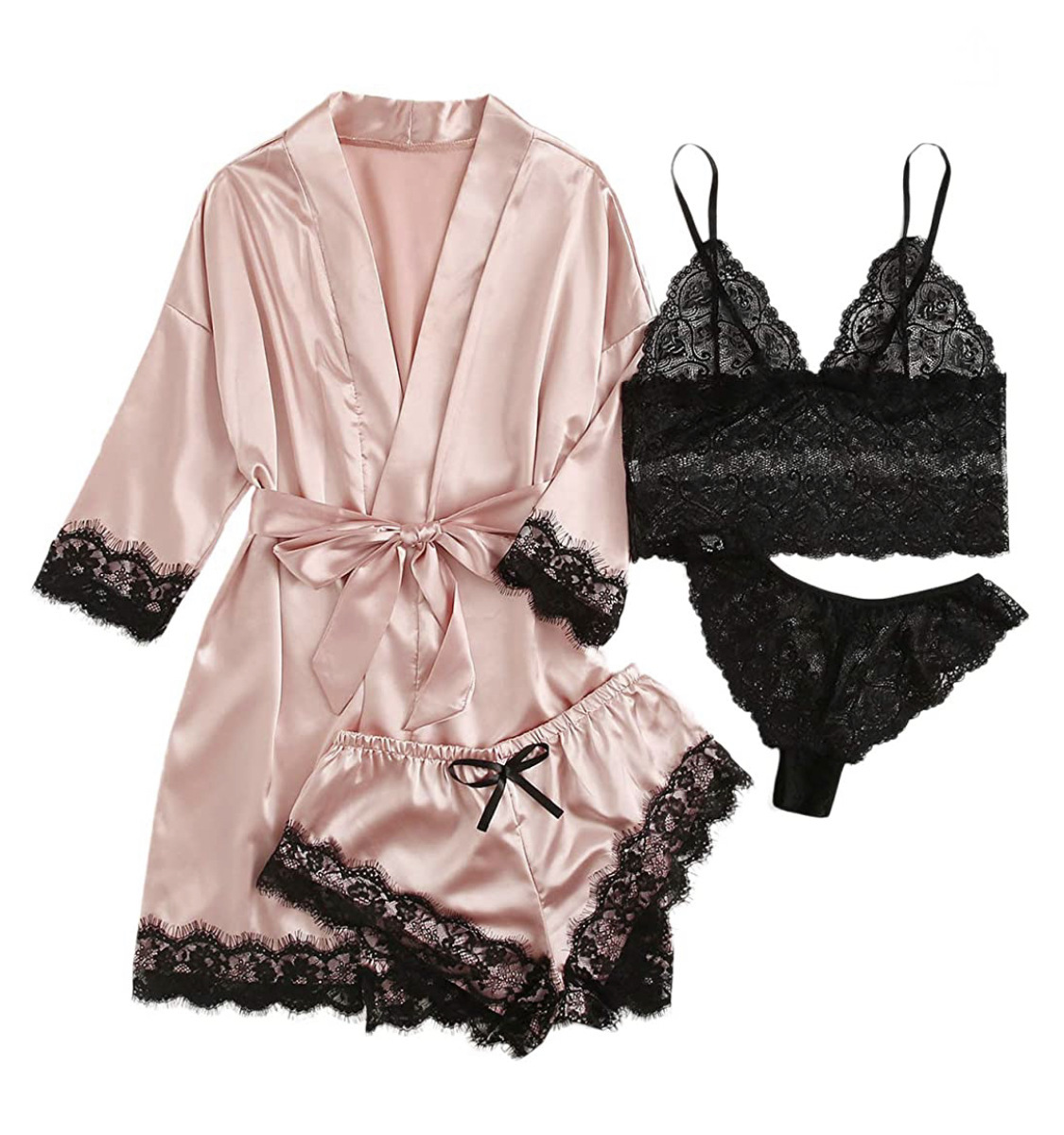 New European and American women's pajamas 4-piece lace satin strap pajamas women's summer suit with nightgown nightdress