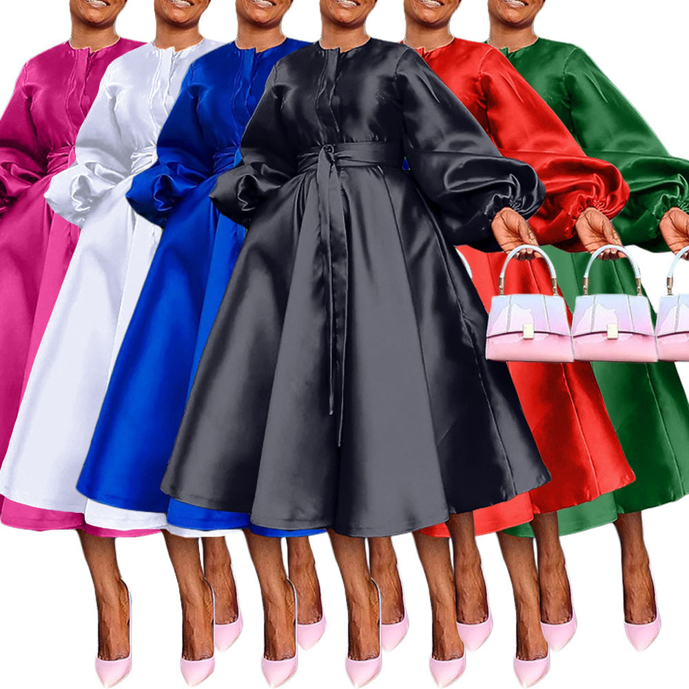 Foreign Trade Cross-border European and American Women's New Solid Color Bright Loose Button Lantern Sleeve dress