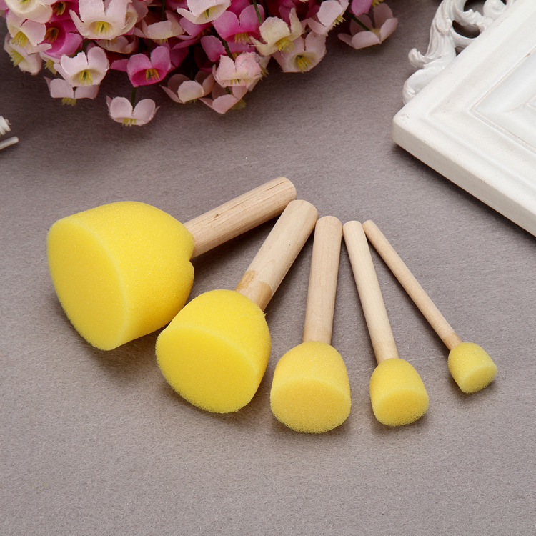 Log Handle Painting Tool Yellow Sponge Head Seal 5 Pack Children's Teaching Utensils
