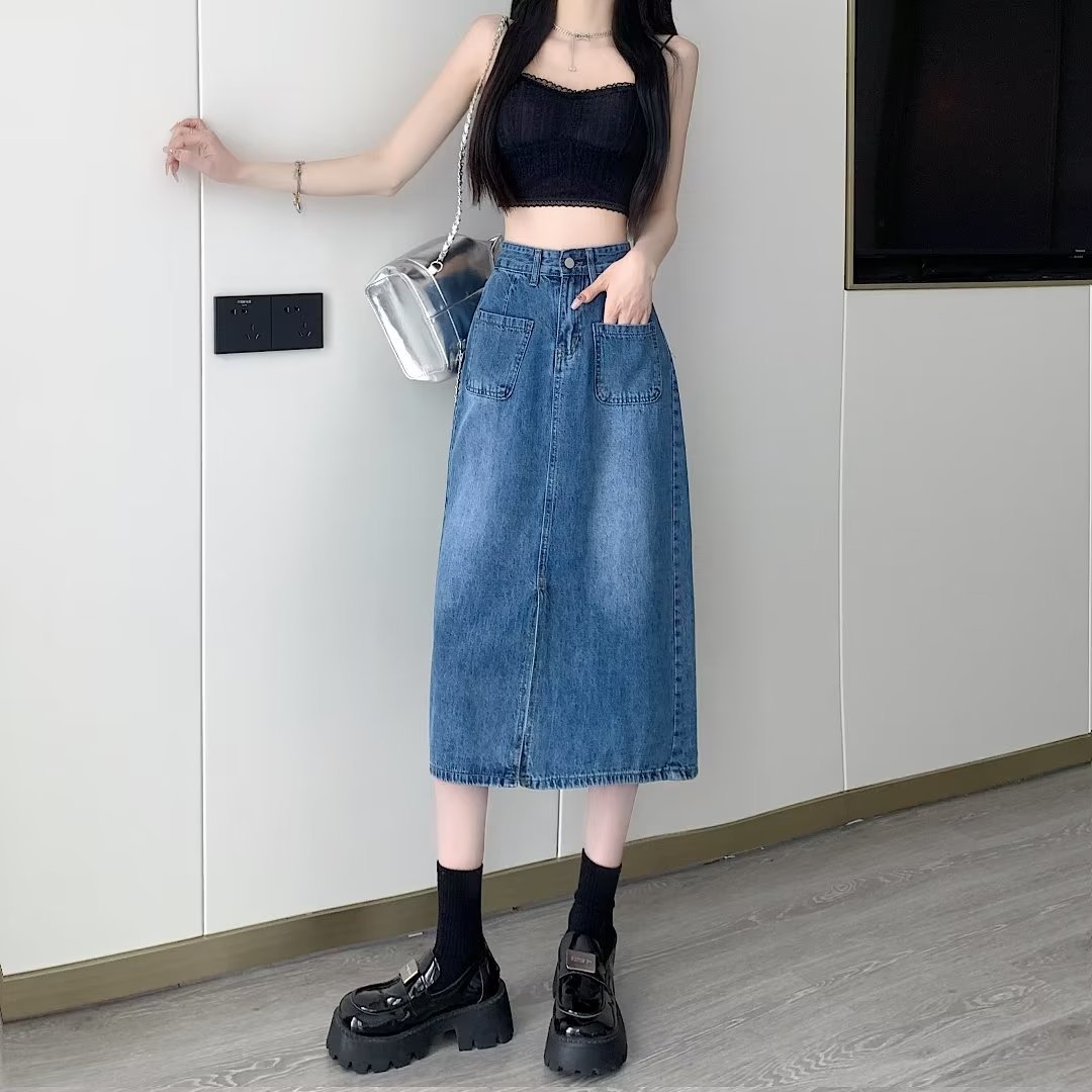Blue Denim Skirt Women's Mid-length 2024 New Summer High Waist Slimming Split A- line Hip Skirt Trendy