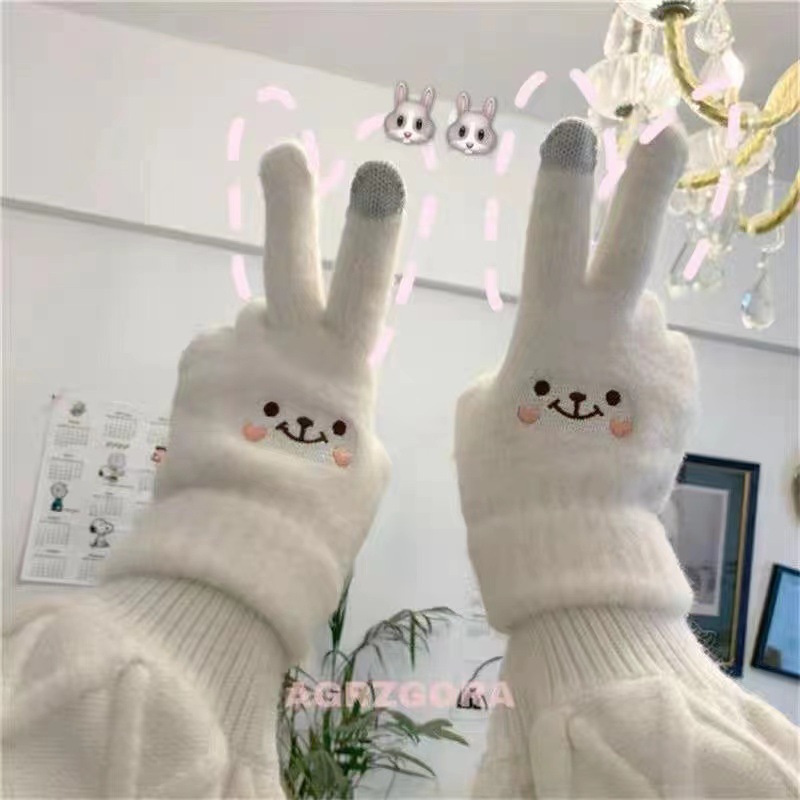 New Gloves Winter Women's Cute Korean-style Students Warm Cold-proof fleece-lined Thick Touch Screen Five-finger Wool Gloves for Cycling