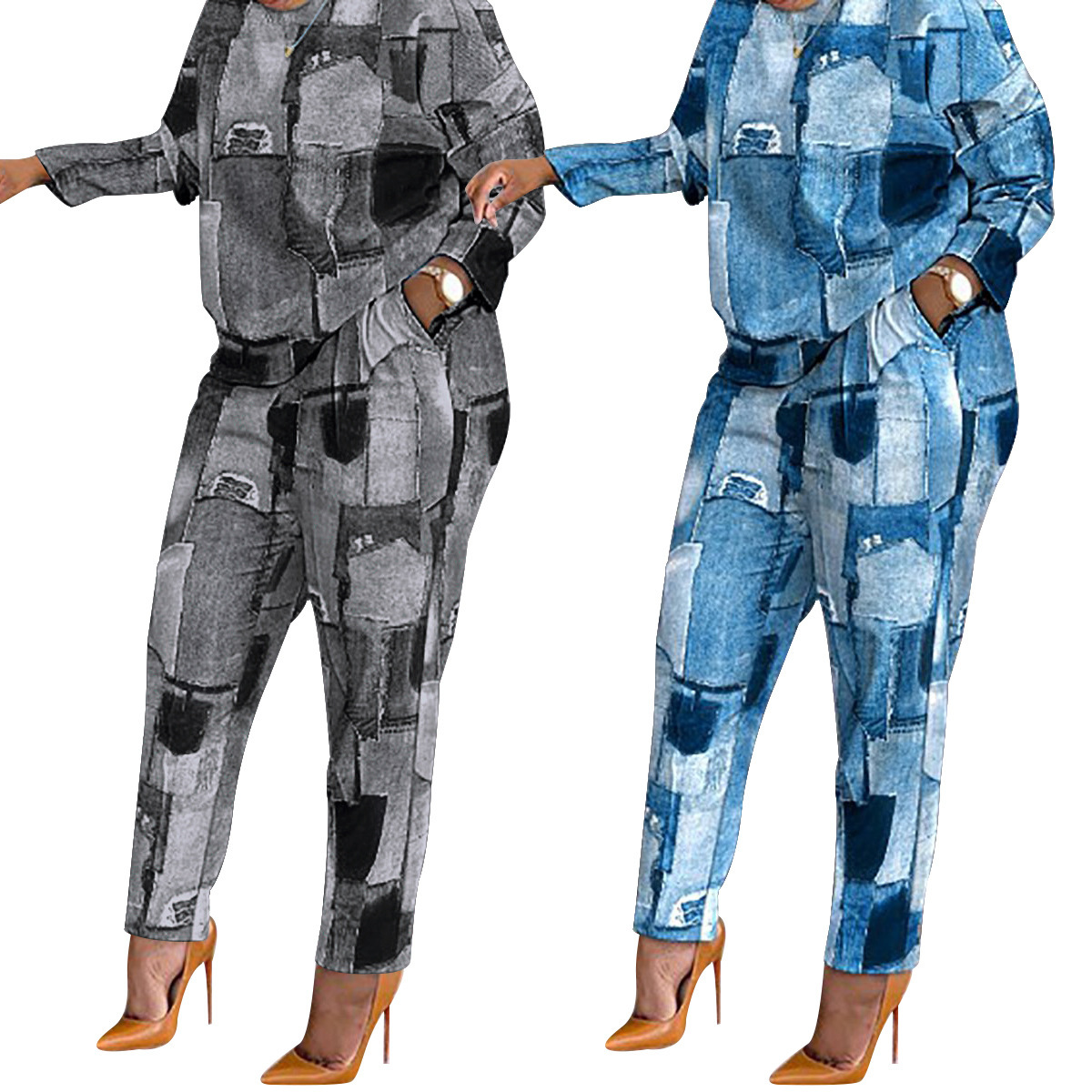 Wholesale European and American foreign trade new casual round neck long sleeve Denim printed top straight pants suit women