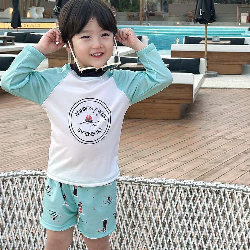 Summer 2025 New Children's Split Swimsuit Boys and Girls Long Sleeve Sun Protection Swimsuit suit Simple Hot Spring Holiday Swimsuit