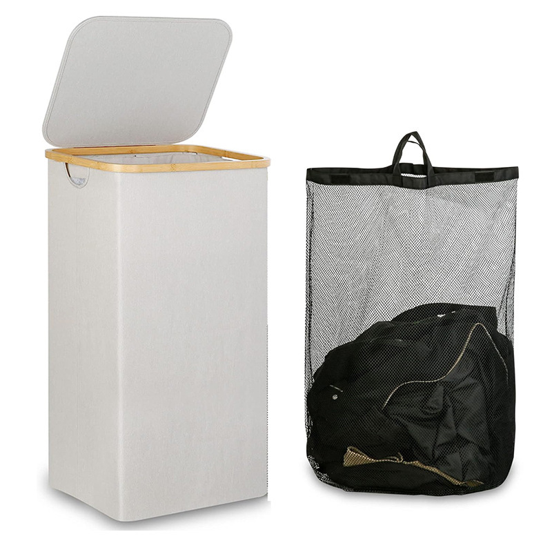 Picture of Dirty Clothes Basket Home Dirty Clothes Basket Bamboo and Wooden Handler with Lid Storage Basket Nordic Simple Bathroom Home Bamboo Cloth Laundry Basket