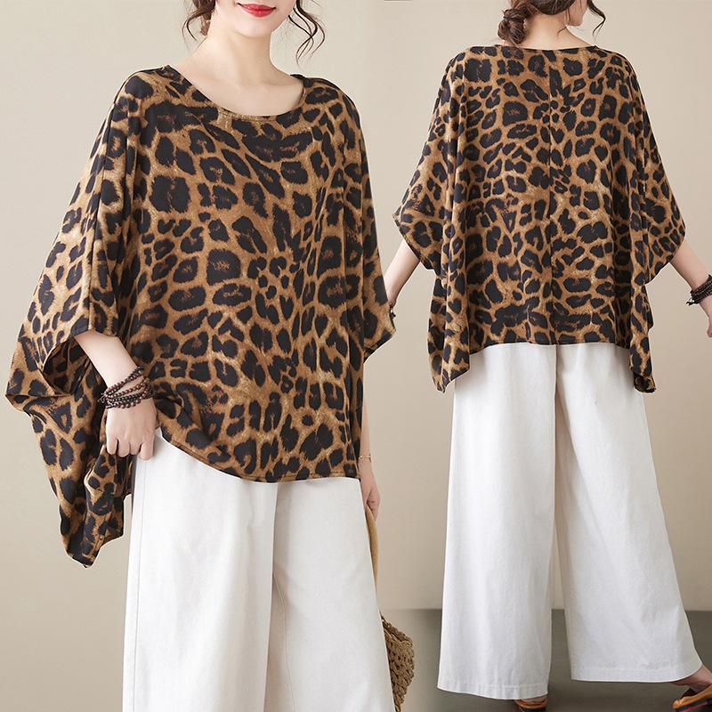 Picture of 2023 Summer New Retro Artistic Large Size Loose Bat Sleeve Fashionable Leopard Flower Shirt