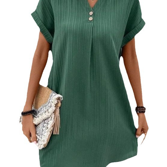 Picture of Cross-border European and American Women's 2023 New Amazon V-neck Solid Color Pullover Comfortable Casual Button Dress