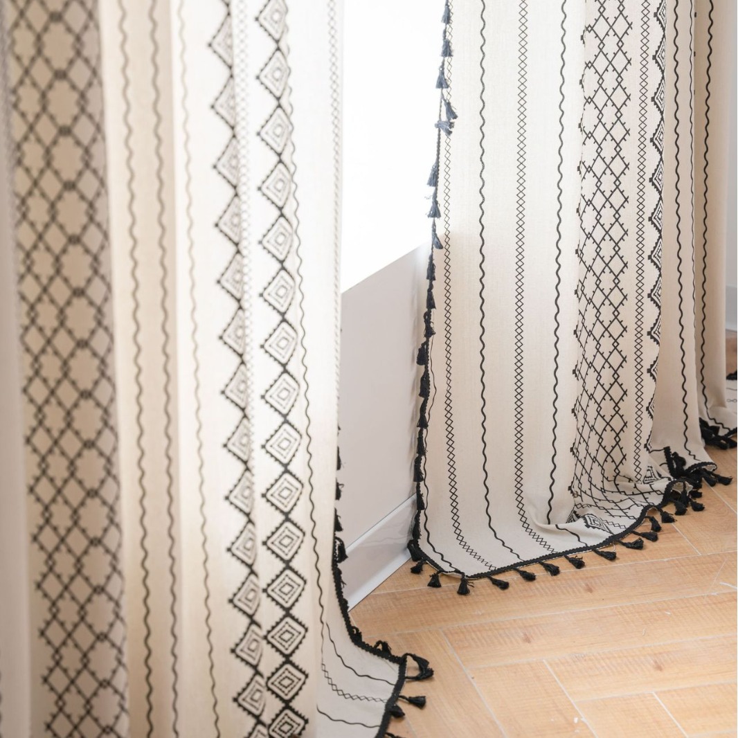Picture of Yiman Qiyun Curtain Finished Cotton and Linen Kitchen Curtain Bohemian Style Black and White Printed Bay Window Curtain