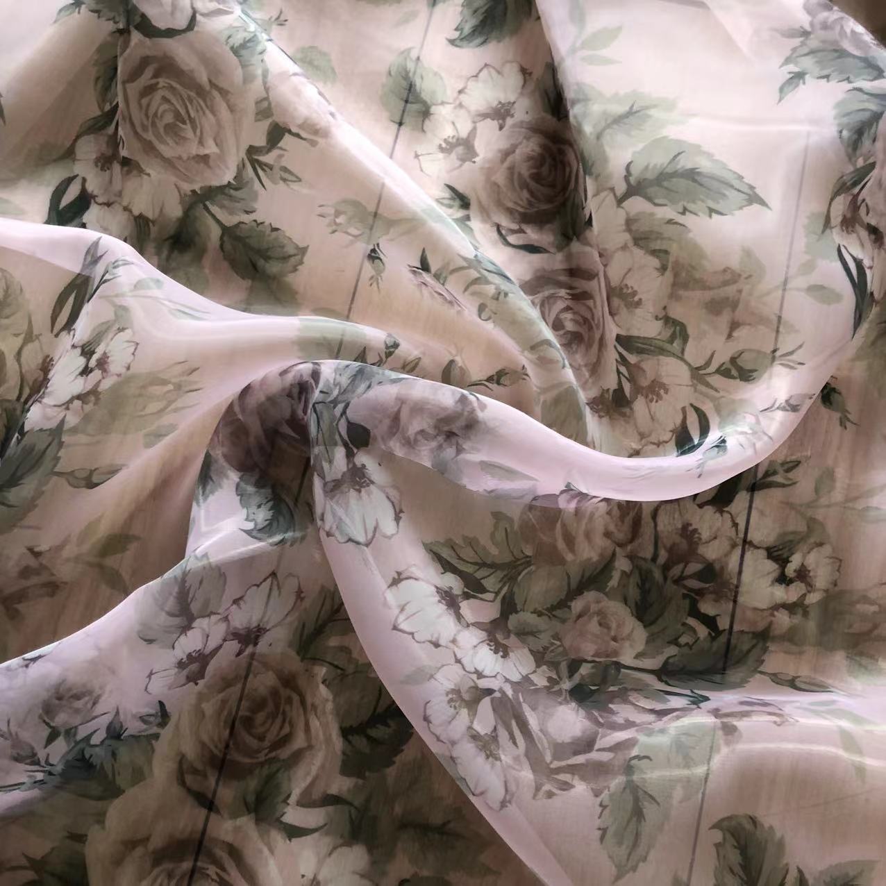Xiaojun Textile Organza Printed Rose Flower Oil Painting Rose Pink Printed Wedding Dress Fabric Dress Fabric