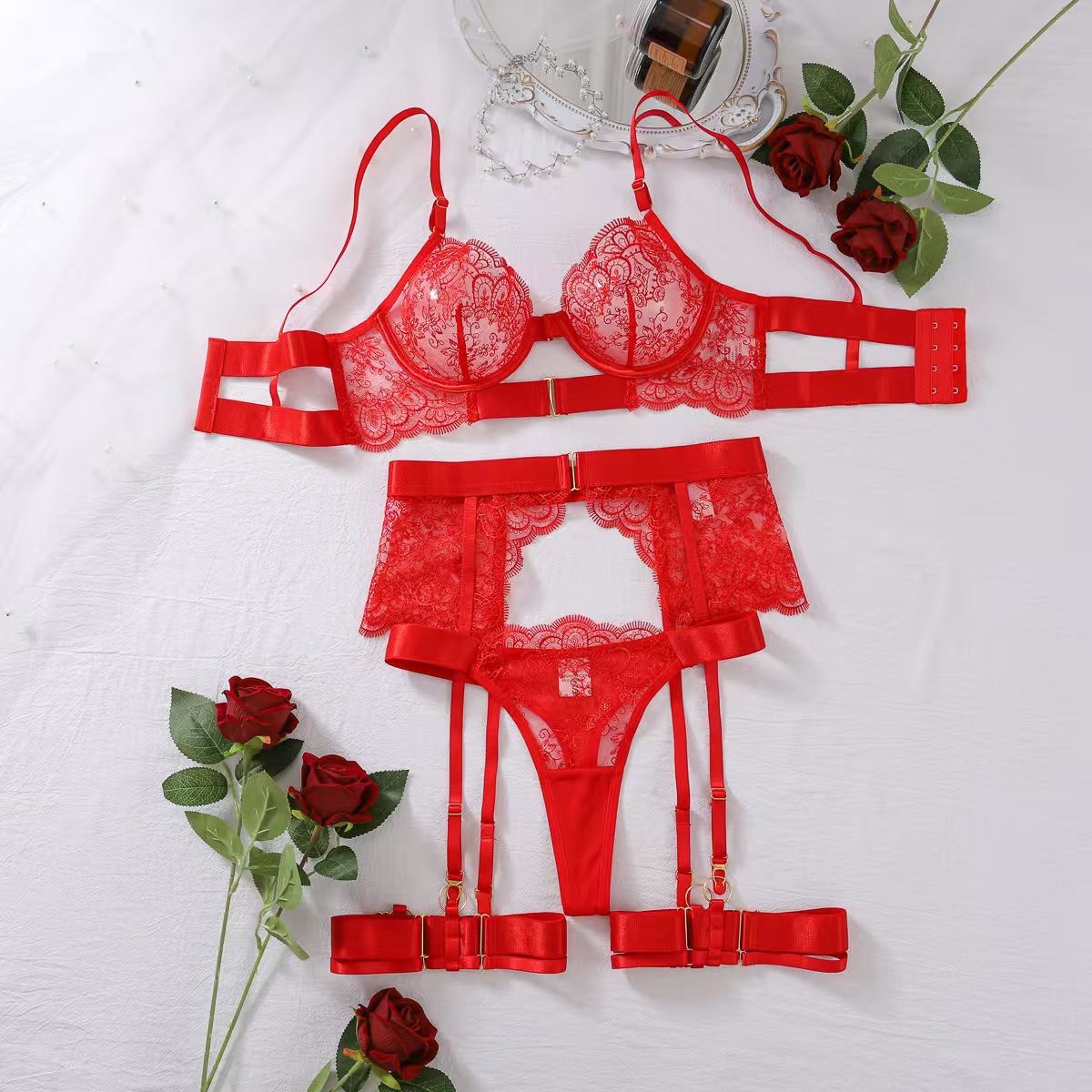 Picture of Amazon Independent Station Sexy Lingerie Heavy Embroidered Metal Buckle Hollow Perspective Multi-piece Set