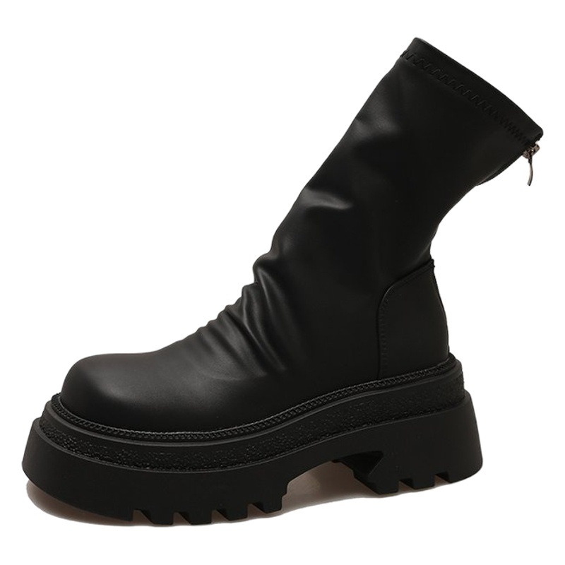 Women's Shoes 2024 Autumn and Winter Platform Elastic Western Martin Boots Slim Mid-Calf Short Boots Versatile Height-Increasing Non-Slip