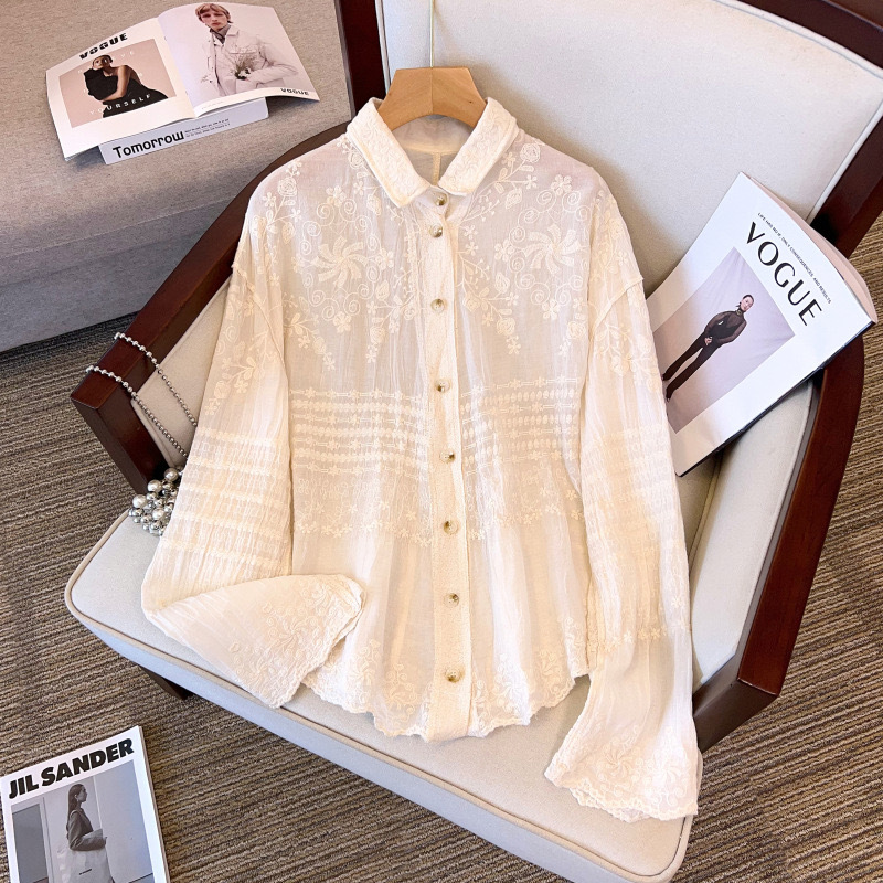 Picture of Spring and Autumn new artistic fresh loose cotton lace embroidered single-breasted Shirt women's casual irregular top