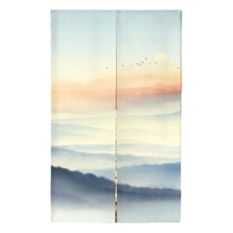 New Chinese Landscape Painting Door Curtain Ink Partition Curtain Living Room Bathroom Study Fabric Hanging Curtain Non-perforated Half Curtain