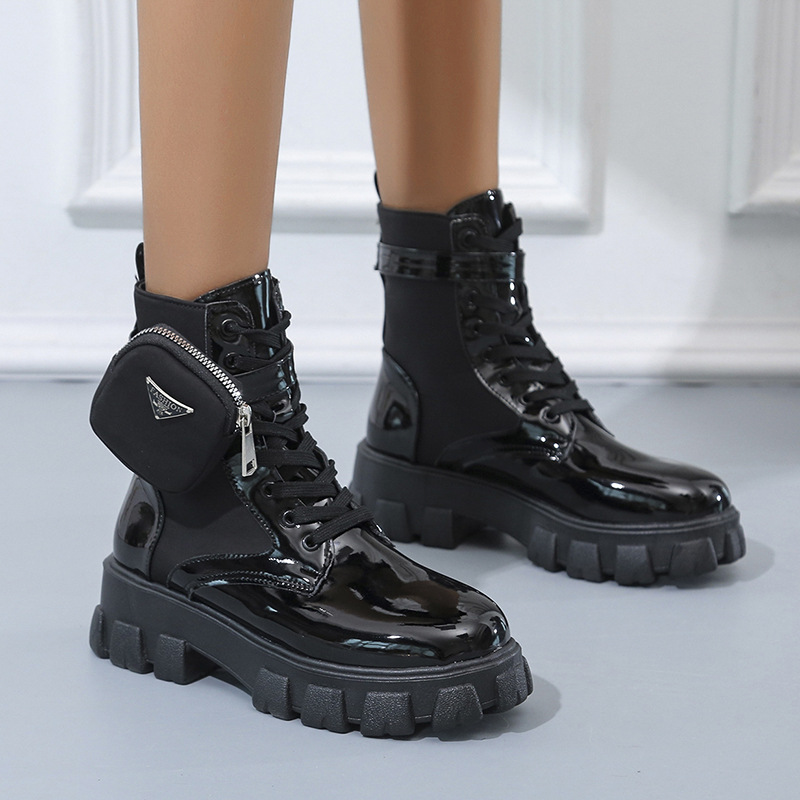 Autumn new foreign trade plus size women's pocket motorcycle boots Women's British style thick bottom lace-up short Knight Martin boots