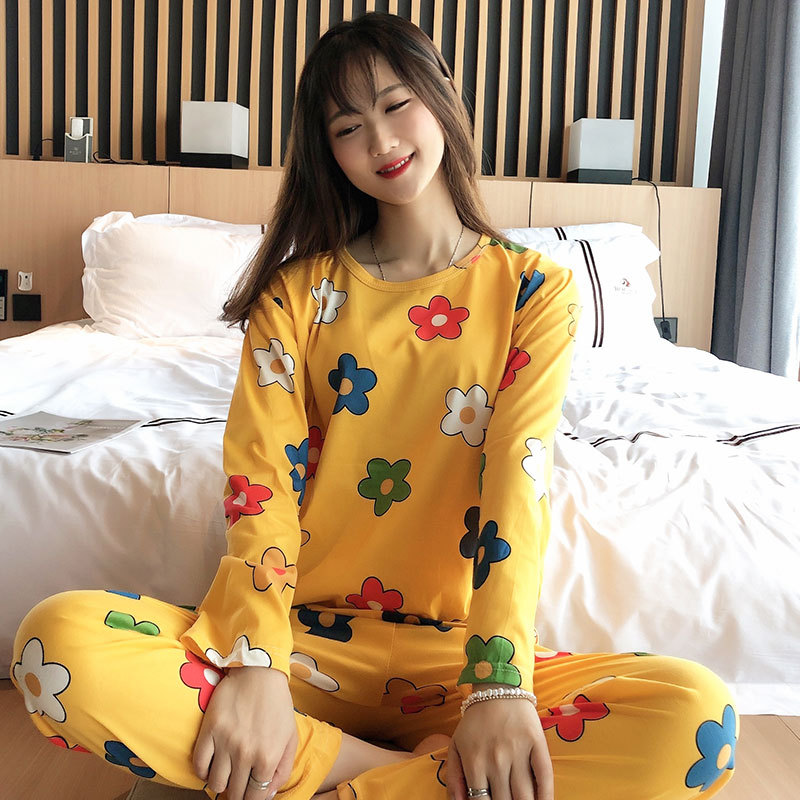 Flower Pastoral Style Spring and Autumn Thin Pajamas Women's Suit Crewneck Long-Sleeved Casual Age-Reducing Women's Pullover Home Clothes