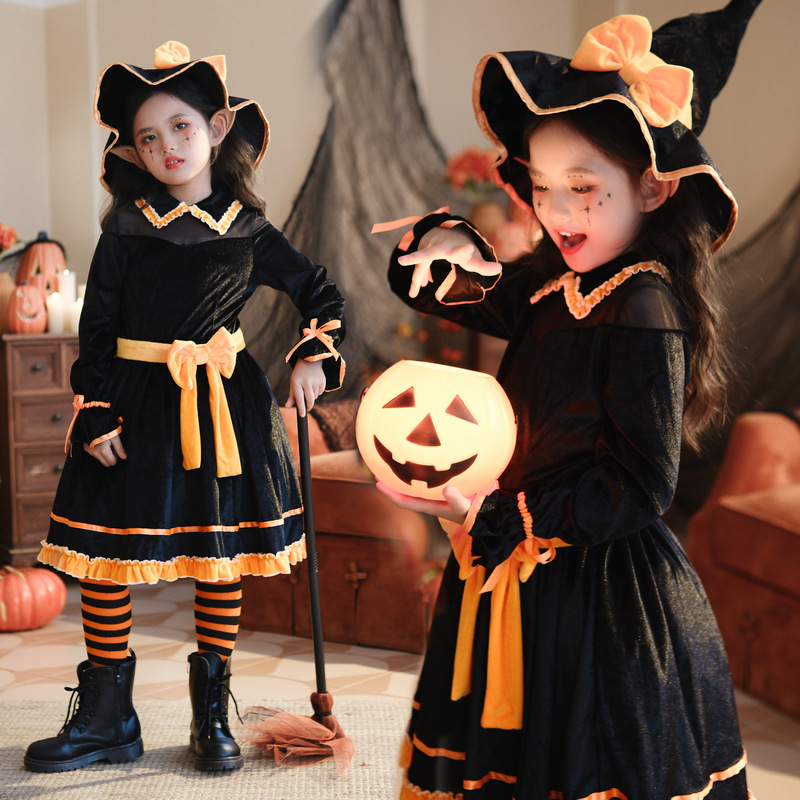 2025 Halloween Children's Costume Pumpkin Costume Funny Baby Children's Clothing Witch Costume Witch Stage Performance Dress