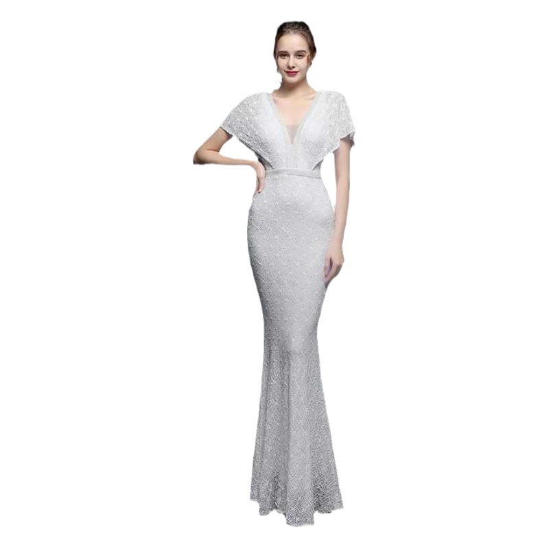 This lace slim-fit deep V batwing sleeve sheath dress banquet evening dress host art bridesmaid toast dress