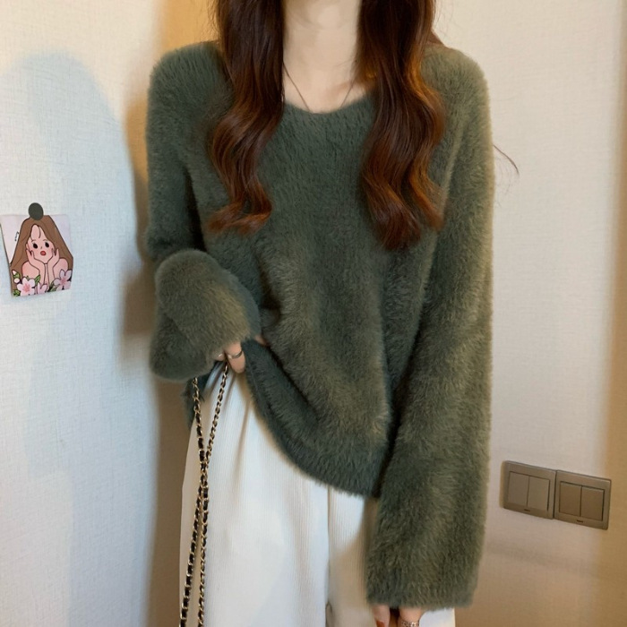 Picture of Loose Imitation Mink Velvet Knitwear for Women in Autumn and Winter, Thickeneded and Warm V-Neck with Long-Sleeved Bottoming Knitwear Top