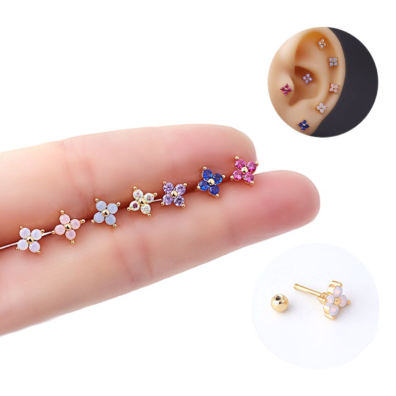 Titanium steel thin rod protein color zircon ear bone nail fashion Korean screw ball earring mini earring single