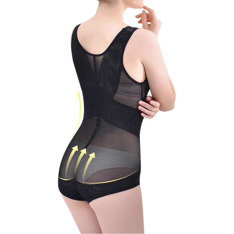 European and American cross-border plus size elastic mesh breathable body shaping enhanced hip lifting belly shaping breasted bodysuit