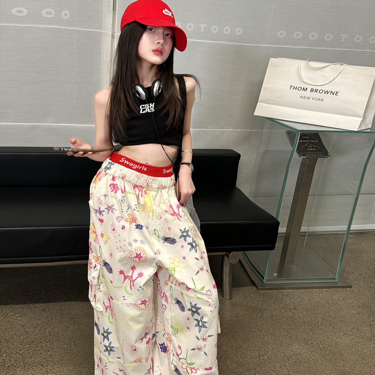 Girls' Graffiti Print Crane Pants 2024 Summer Thin High Waist Wide Leg Pants Stylish Little Girls' Street Dance Performance Clothes