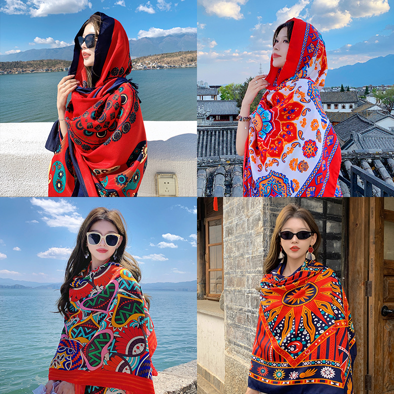 Summer Ethnic Style Yunnan Shawl Scarf Sunshade Sunscreen Travel Beach Scarf Silk Scarf Breathable Shawl Scarf