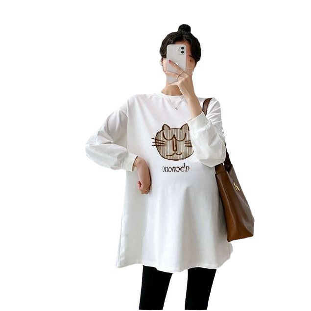 Picture of Trendy pregnant mother autumn cotton long-sleeved T-shirt 2023 plus size loose Korean style white drawstring mid-length bottoming shirt T-shirt