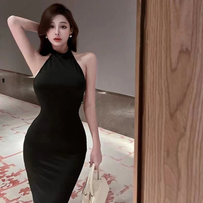 Fashionable New Sexy Black High-End Backless Slit Slim Sleeveless Long Dress Elegant Fishtail Dress