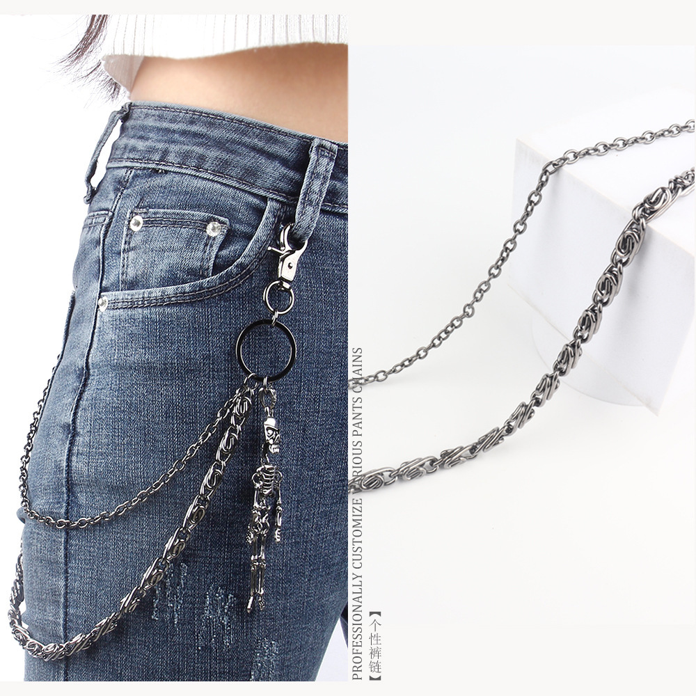 European and American Cross-border Fashion Gun Black Double-layer Personality Chain Human Skull Pendant Trendy Punk Hip-hop Metal Pants Chain