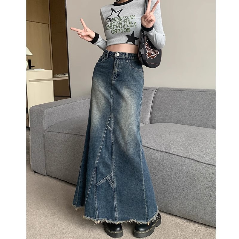 Vintage Split Denim Skirt Women's 2025 New Spring and Autumn A- line High Waist Slimming plus size Hip Mid-Length Skirt