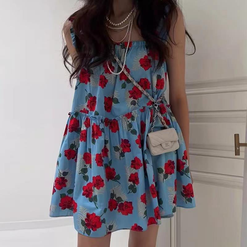Korean Style Chic Summer French Style Vacation Style Wood Ear Stitching Color Printed Short Women's Sling Dress for Women
