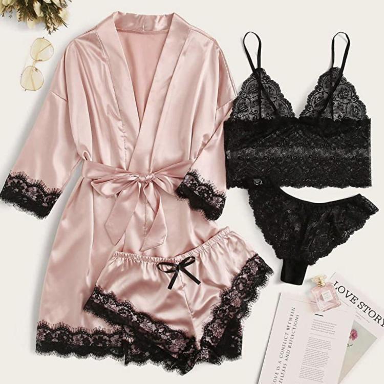 European and American Sexy Lingerie Four-Piece Set Plus Size Pajamas Set Lace Sexy Suspenders Women Wholesale Cross-Border Light Luxury
