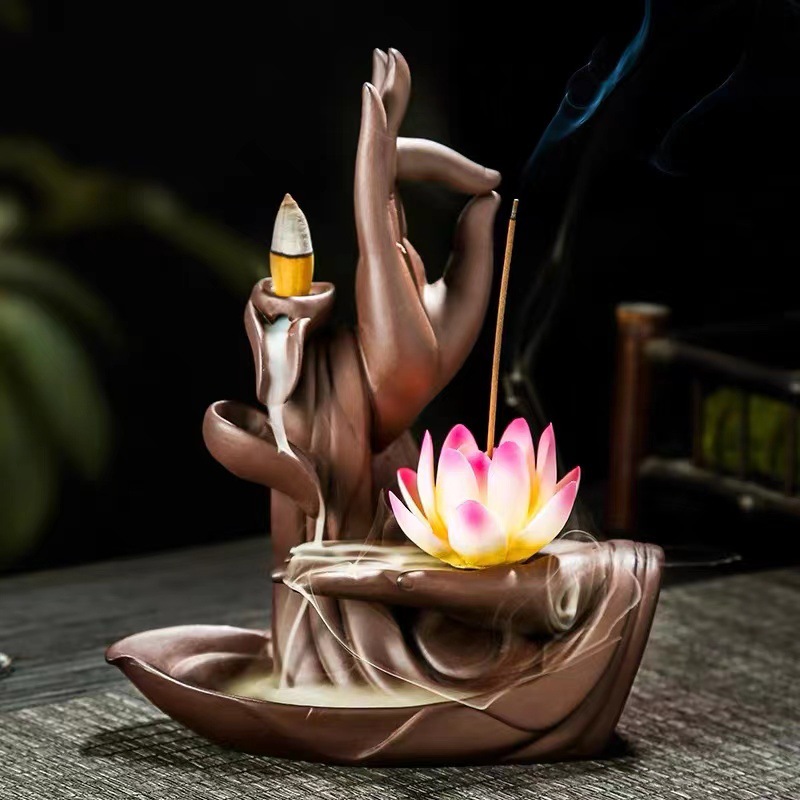 Picture of Buddha's Hand Lotus Incense Burner Sandalwood Tower Incense Purple Sand Incense Burner Crafts Creative Ornaments Indoor Backflow Incense Burner Cross-Border