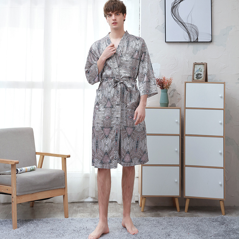 Picture of Couple ice silk bathrobe women's summer thin digital printing artificial silk nightgown men's plus size pajamas spring and autumn
