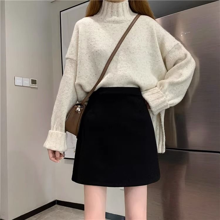 Plus size chubby girl high waist slimming woolen skirt women's autumn and winter Korean style versatile A- line skirt small black skirt