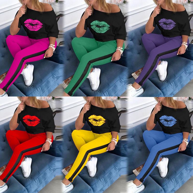 9576#2023 foreign trade explosions Amazon wish AliExpress printed lips sleeve round neck sports suit